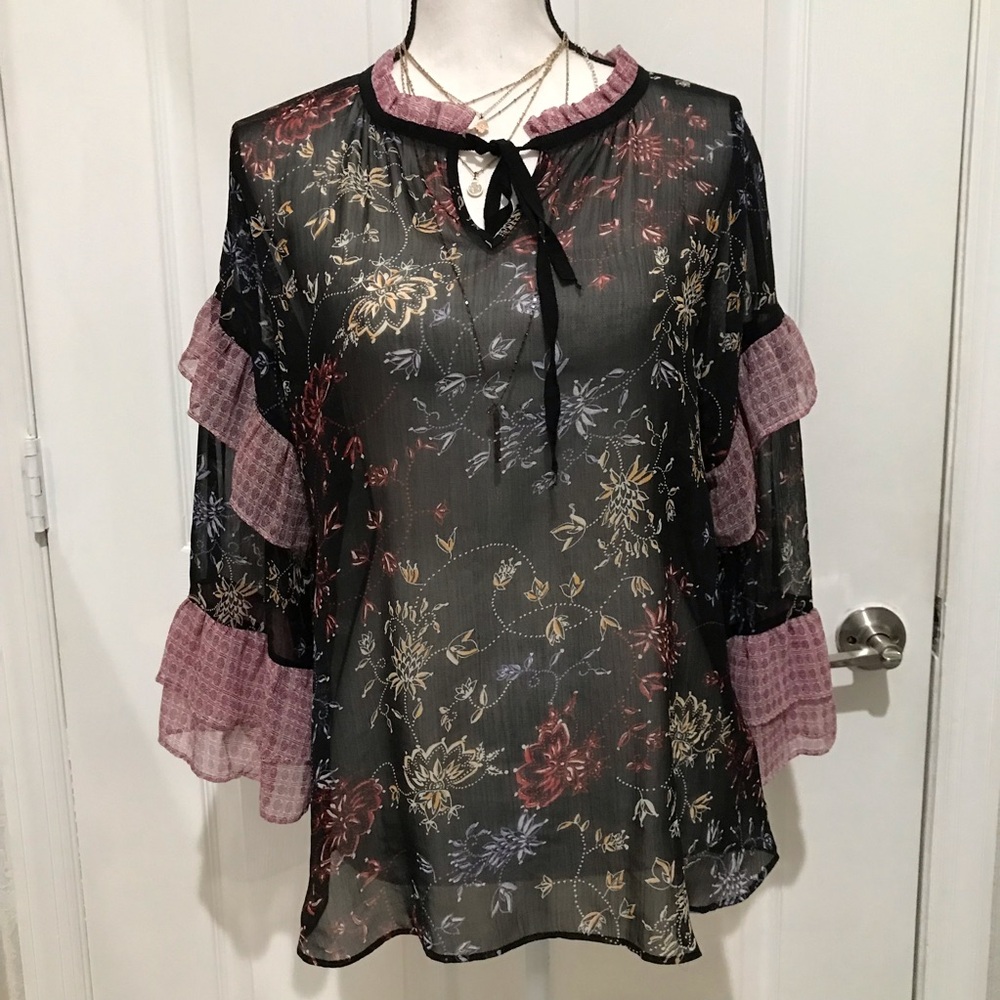 A.N.A. Floral Top Size M Sheer Black Pink Tiered Ruffle Sleeve Boho Whimsy Fairy